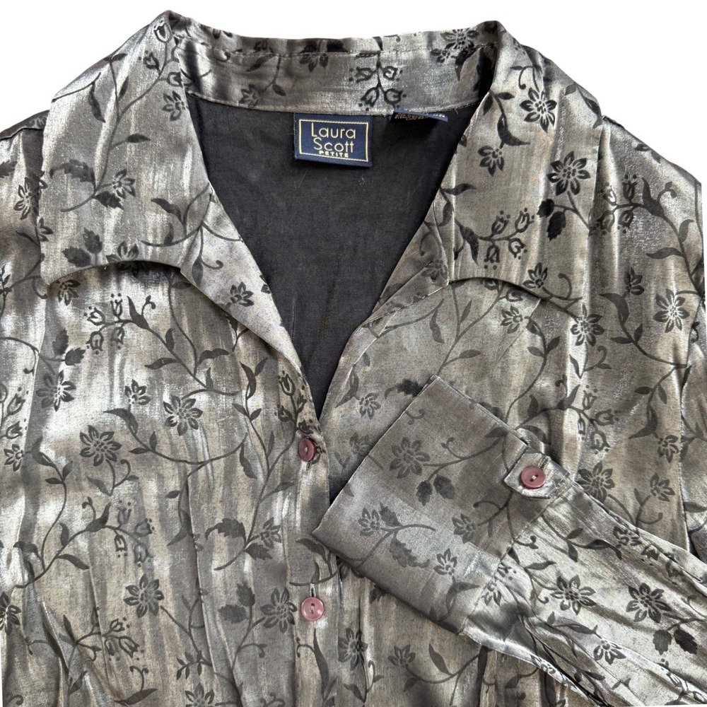 VTG Laura Scott Women's 16P Silver Metallic Dark Floral Button Down Fairy Grunge